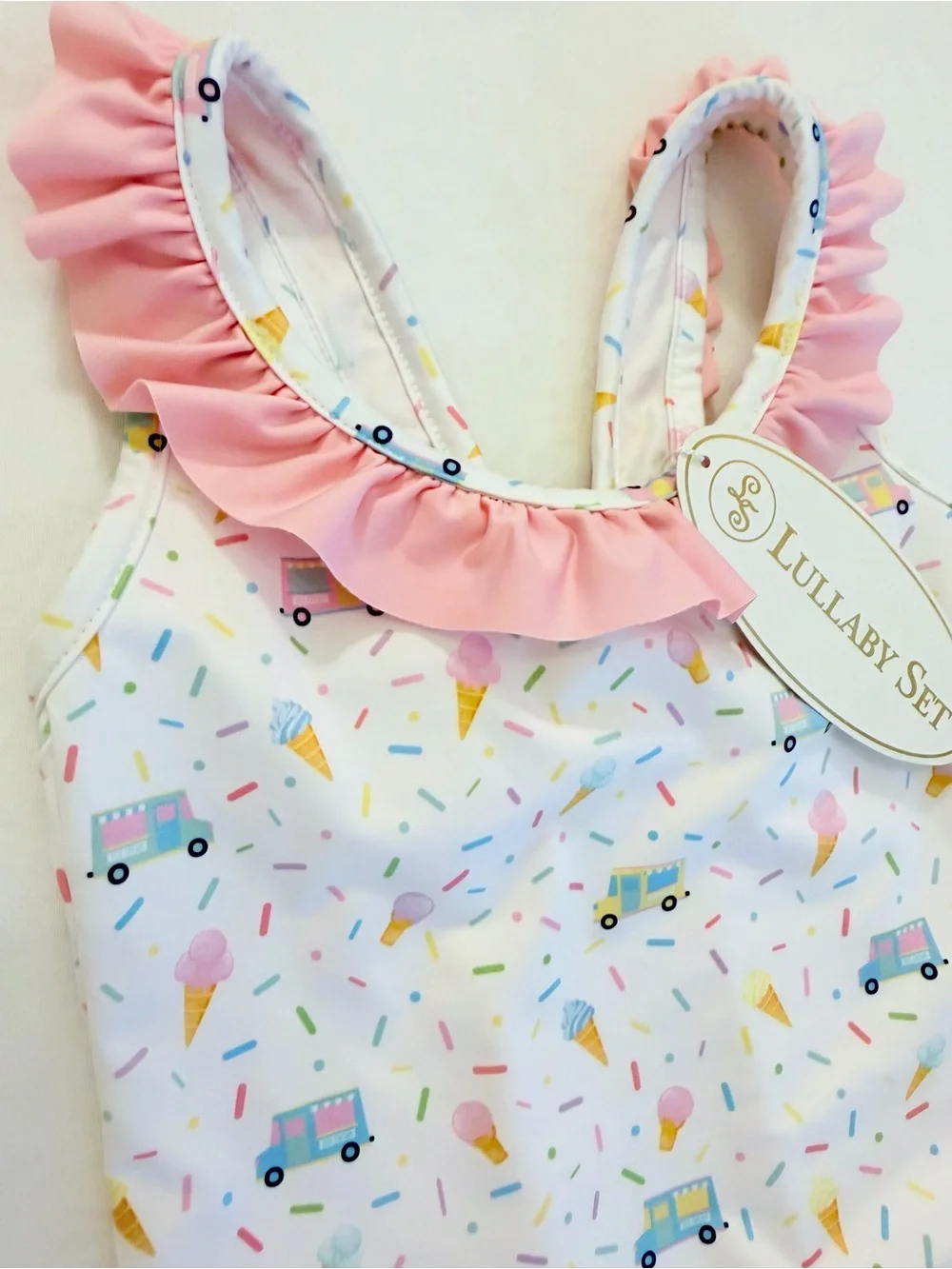 Lullaby Set Pink Ruffle & Bow Ice Cream Print One-Piece Swimsuit 24M NWT!